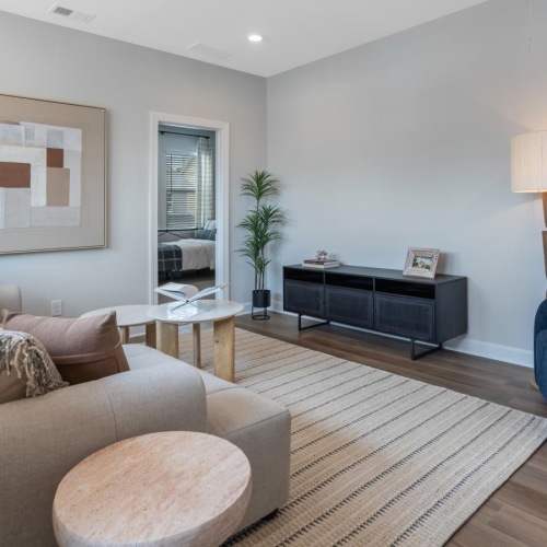 a living room with a couch and a coffee table