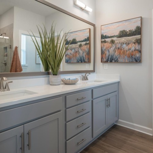 a bathroom with a large mirror